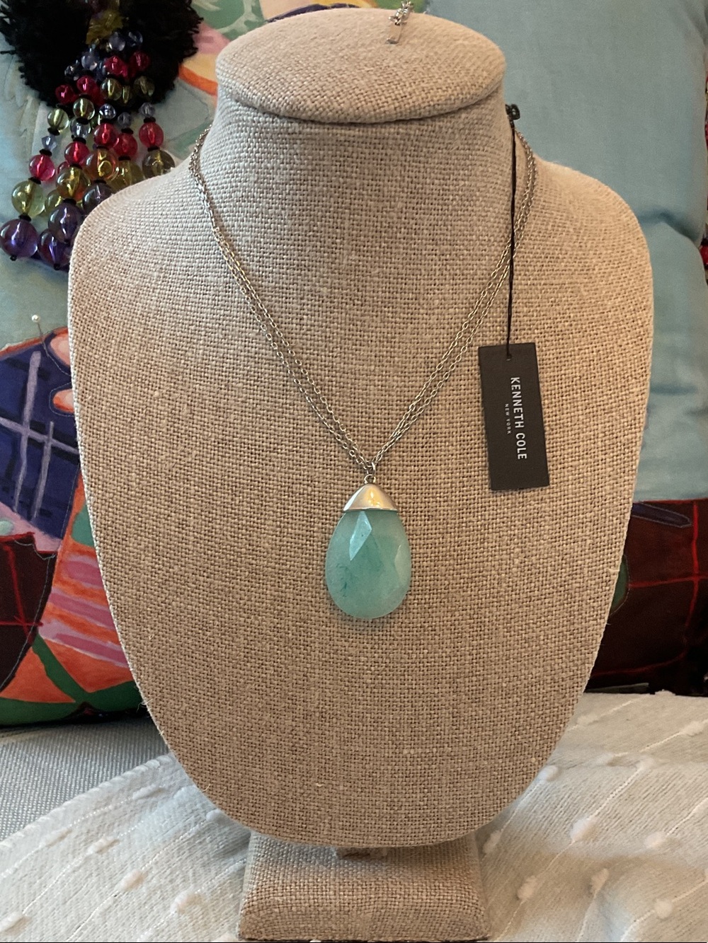Kenneth Cole Silver Chain Necklace with Aqua Teardrop Pendant